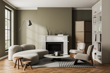 Cozy chill room interior with soft place and fireplace, decor and panoramic window