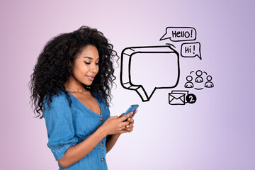 African woman using smartphone, empty text bubble and network doodle