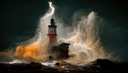 AI generated image of a lighthouse on a stormy night with big waves and lightning in the sky 