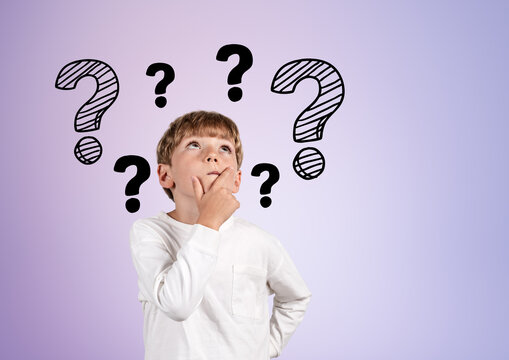 Kid boy thoughtful portrait looking up with question marks on purple background