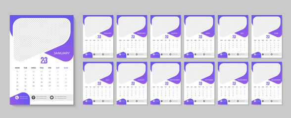 2023 year wall calendar design with Monthly printable calendars template