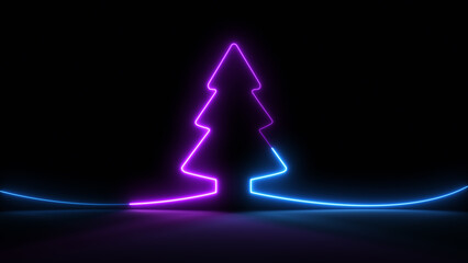 Glow neon light Christmas tree isolated on black background. © kokotewan