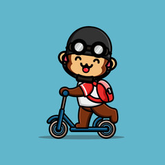 Cute monkey ridding kick scooter and wear helmet