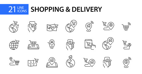 21 online shopping and worldwide home delivery icons. Pixel perfect, editable