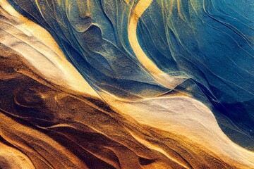 top view of abstract wavy background with textured blue and yellor sand and color filter - obrazy, fototapety, plakaty