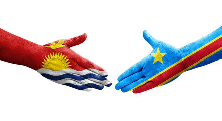 Handshake between Dr Congo and Kiribati flags painted on hands, isolated transparent image.