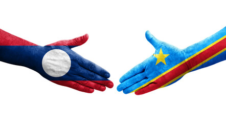 Handshake between Dr Congo and Laos flags painted on hands, isolated transparent image.