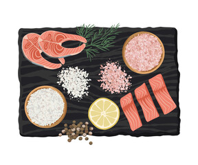 Salmon with seasonings on a stone board. Flat style. Dill, lemon, allspice, Himalayan salt, table salt.