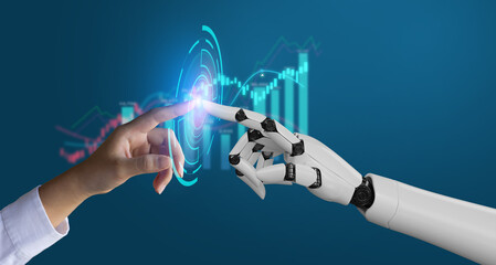 AI, Machine learning, obot hand ai artificial intelligence assistance human touching on big data...