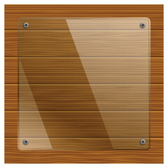 Layered editable vector illustration of transparent glass photo frame on wooden board background.