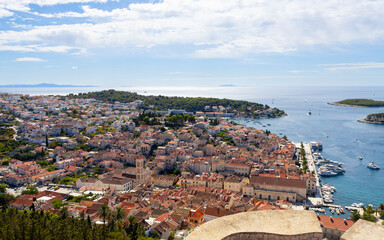 The town of Hvar on the Hvar island in Dalmatia, Croatia as seen from the Spanish Fortress (Tvrdava Fortica), with the Adriatic sea in the background.