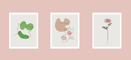 Set of Woman Face and flowers LINE ART DESIGN.