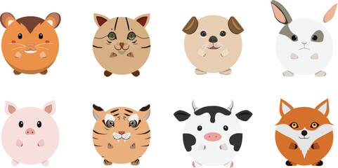Cute rounded animal faces. Hand drawn characters. Sweet funny animals. Vector illustration.