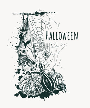 Halloween poster drawn in black ink. Bat, spider web, pumpkins, spider, ink blots. Grunge style.