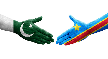 Handshake between Dr Congo and Pakistan flags painted on hands, isolated transparent image.