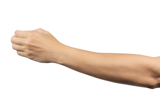Man hand show holding something like a bottle isolated on white background. Clipping path included