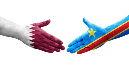 Handshake between Dr Congo and Qatar flags painted on hands, isolated transparent image.