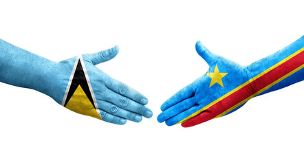 Handshake between Dr Congo and Saint Lucia flags painted on hands, isolated transparent image.