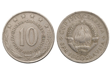 1986 Jugoslavian coin, both sides of a coin isolated on a white background - obrazy, fototapety, plakaty