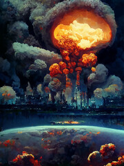 Mushroom from the explosion of a nuclear bomb over the city. Nuclear war in the world. End of the world. Armageddon.