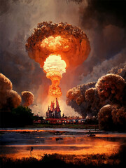 Mushroom from the explosion of a nuclear bomb over the city. Nuclear war in the world. End of the world. Armageddon.