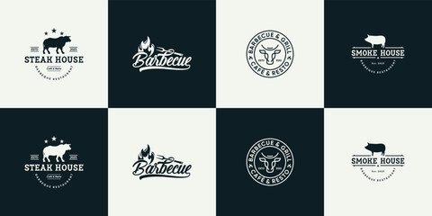 Set of vintage label steak house, beef steak, barbecue logo design vector.