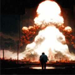 Obraz premium Silhouette of a man on the background of a mushroom from a nuclear bomb explosion. Nuclear war in the world. End of the world.