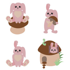 A set of cute bunnies and mushrooms. Designed for children's products and Easter cards. Vector illustration isolated on white background.