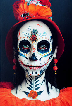 Parca. Huesuda Catrina de d&iacute;a de muertos. Retrato de catrina. Mujer con maquillaje de catrina. D&iacute;a de muertos