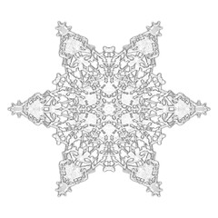 Christmas snowflake. A vintage six-beam snowflake. Complex circular ornament. Mandala pattern. Symmetrical beautiful rays. A template for a holiday. Isolated drawing