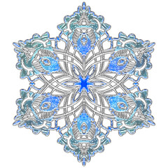 Christmas snowflake. A vintage six-beam snowflake. Complex circular ornament. Mandala pattern. Symmetrical beautiful rays. A template for a holiday. Isolated drawing