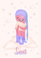 Interior poster for a children's room. Marine theme. Octopus pink on a gentle background