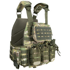 Body armor or army tactical vest, with pockets for ammunition and equipment, camouflage, on a white background, isolate
