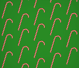 A lot of candy canes on a green background, 3d render, 3d illustration