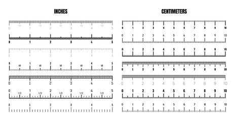 Realistic black centimeter and inch scale for measuring length or height. Various measurement scales with divisions. Ruler, tape measure marks, size indicators. Vector illustration