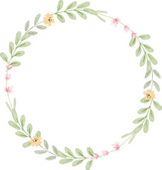 watercolor botanical hand drawing leafs wreath with tiny pink and yellow flowers