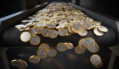 Many Euro coins on conveyor belt. Banking and inflation concept.