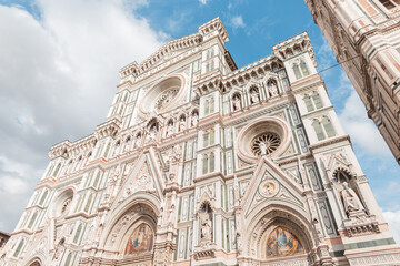 Amazingly beautiful Gothic architecture of the cathedral facade in the ancient European town of Florence, Italy