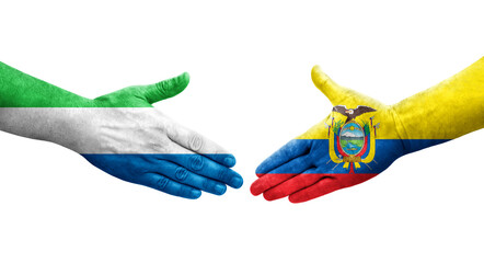 Handshake between Ecuador and Sierra Leone flags painted on hands, isolated transparent image.