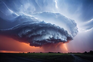 Mothership supercell storm with wind and lightning dramatic scene. Multiple tornado formation from swirl giant cloud over American grass plains field. Natural disaster, dangerous weather condition - obrazy, fototapety, plakaty