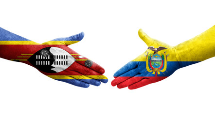 Handshake between Ecuador and Eswatini flags painted on hands, isolated transparent image.