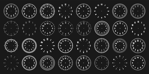 Mechanical clock faces with arabic numerals, bezel. White watch dial with minute, hour marks and numbers. Timer or stopwatch element. Blank measuring circle scale with divisions. Vector illustration
