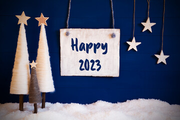 Christmas Tree, Blue Background, Snow, Text Happy 2023