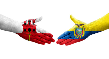 Handshake between Ecuador and Gibraltar flags painted on hands, isolated transparent image.