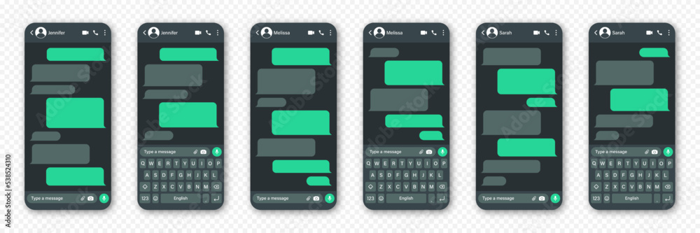 Wall mural Realistic smartphone with messaging app. Blank SMS text frame. Conversation chat screen with green message bubbles. Social media application. Dark mode. Vector illustration
