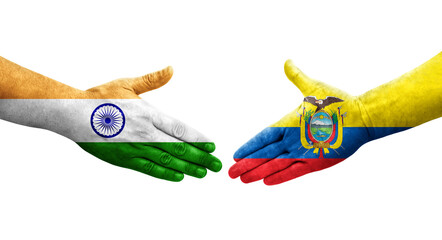 Handshake between Ecuador and India flags painted on hands, isolated transparent image.