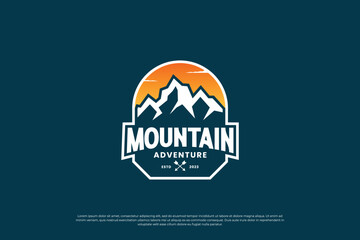 Mountain exploration logo design. Mountain travel emblem. Mountain expedition adventurer.