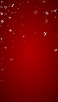 Snowfall overlay christmas background. Subtle flying snow flakes and stars on christmas red background. Festive snowfall overlay. Vertical vector illustration.