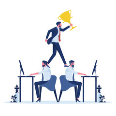 Businessman holding trophy to be successful by standing on his employee back, representing to boss using office worker as labor job, business competition and unfair practice concept
 - obrazy, fototapety, plakaty