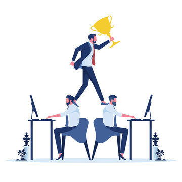 Businessman holding trophy to be successful by standing on his employee back, representing to boss using office worker as labor job, business competition and unfair practice concept

